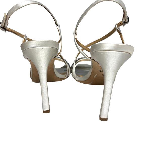 Badgley Mischka Rider White Satin Stiletto Heeled Sandal Beaded, Rhinestone 11 - Picture 5 of 10